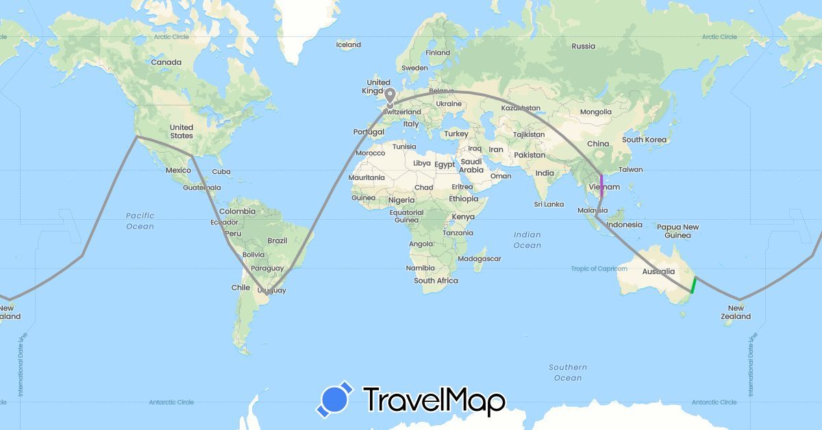 TravelMap itinerary: driving, bus, plane, train in Argentina, Australia, Brazil, France, New Zealand, Peru, Singapore, United States, Vietnam (Asia, Europe, North America, Oceania, South America)